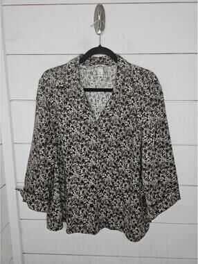 CJ Banks 1X brown & cream print button up linen blend shirt